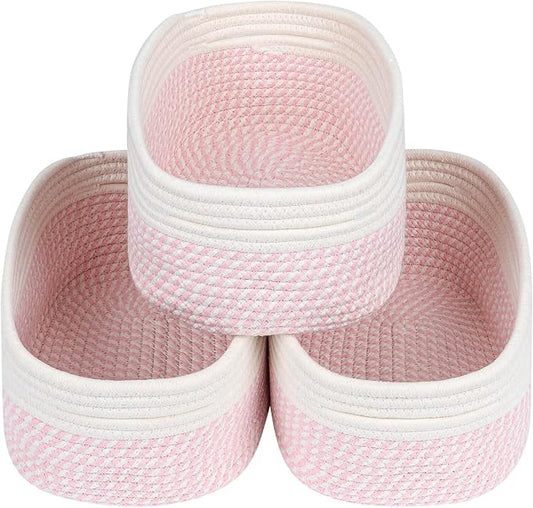 CubesLand Rectangle Woven Cotton Rope Storage Basket for Organizing | Small Basket for Kids, Baby Nursery, Cat Dog Toy Baskets, Organizer Bins for Shelves 3 Packs