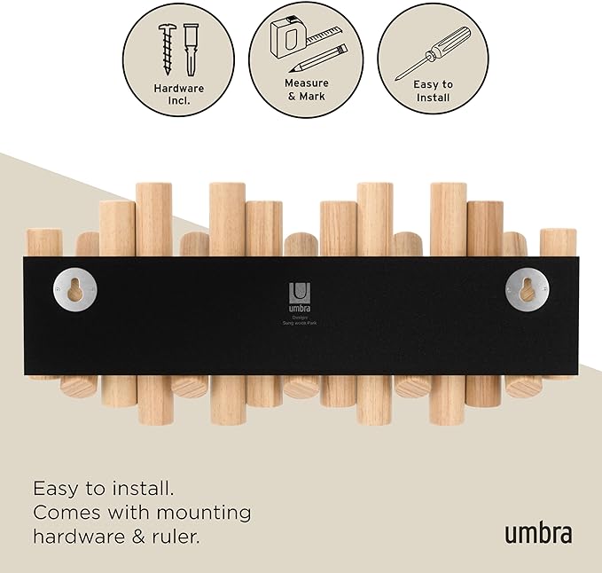 Umbra Picket Coat Rack, Wall Mount 5 Flip-Down Coat Hooks, Natural | Beveled pine wood dowels, supports up to 5 lbs, mounting hardware included, space saving