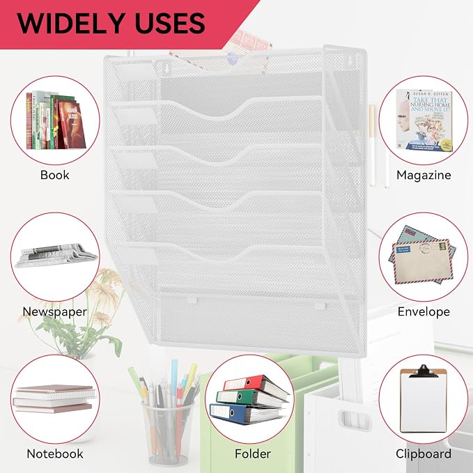 5-Tier Magnetic File Holder, No Drilling Wall File Organizer, File Folder Bins, Mail & Magazine Rack, Magnetic Paper Document Holder for Refrigerator File Cabinets Whiteboard, White