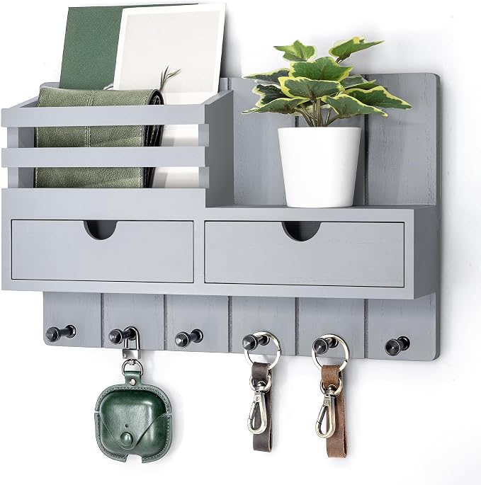 Rebee Vision Key Holder Wall Mount with 2 Drawers for Home Decor, Gray | Stylish Mail Holder for Wall, Drawer Organizer, 6 Key Hooks, Plant Display, Modern Apartment Essentials, Aesthetic Room Decor