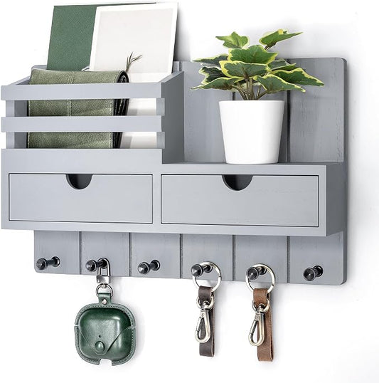 Rebee Vision Key Holder Wall Mount with 2 Drawers for Home Decor, Gray | Stylish Mail Holder for Wall, Drawer Organizer, 6 Key Hooks, Plant Display, Modern Apartment Essentials, Aesthetic Room Decor