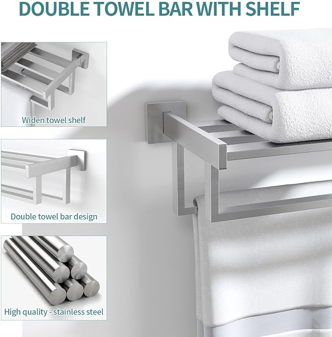 STWWO Double Towel Racks for Bathroom Wall Mounted, 24 Inch, Brushed Nickel | Double Towel Bar with Shelf, Dual Towel Rack with Shelf, Stainless Steel Hand Towel Hanger, Bath Towel Holder for Wall