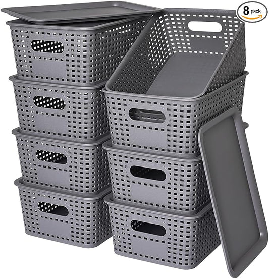 Plastic Storage Baskets with Lid-Plastic Storage Containers Stackable Storage bins: Storage Baskets for Organizing Shelves Drawers Desktop Closet Playroom Classroom Office,8 Pack-Gray10.2x7.2x4.1Inch