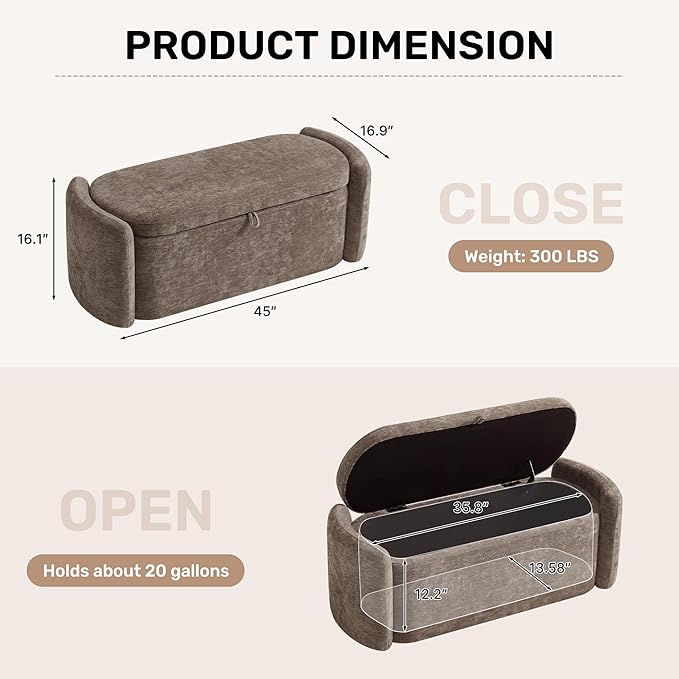 Oval Ottoman Bench with 20 Gal of Storage Space Upholstered Chenille Seat End of Bed Storage Bench Storage Ottoman with Storage for Bedroom, Living Room, Entryway, Window(Light Brown)