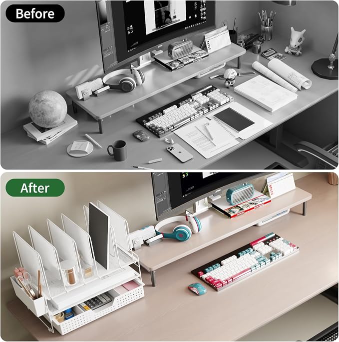 LEKETREE Desk Organizer, Office Organization with Vertical File Holder, File Organizer with Drawer and Pen Holder, Desk Accessories and Workspace Organizers for Home Office (White)