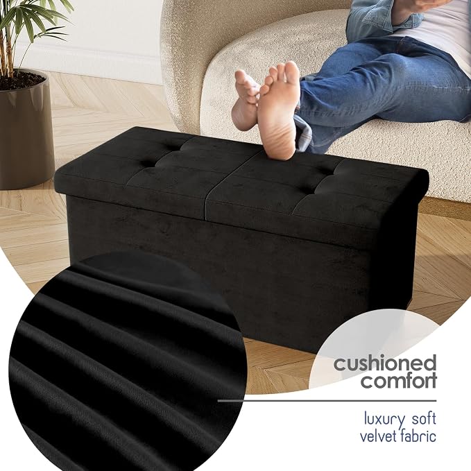 Storage Ottoman Bench with Bins, 30-in Storage Bench for Bedroom End of Bed, Folding Foot Rest Ottoman for Living Room Max 660lbs, Velvet Ottomans, Black