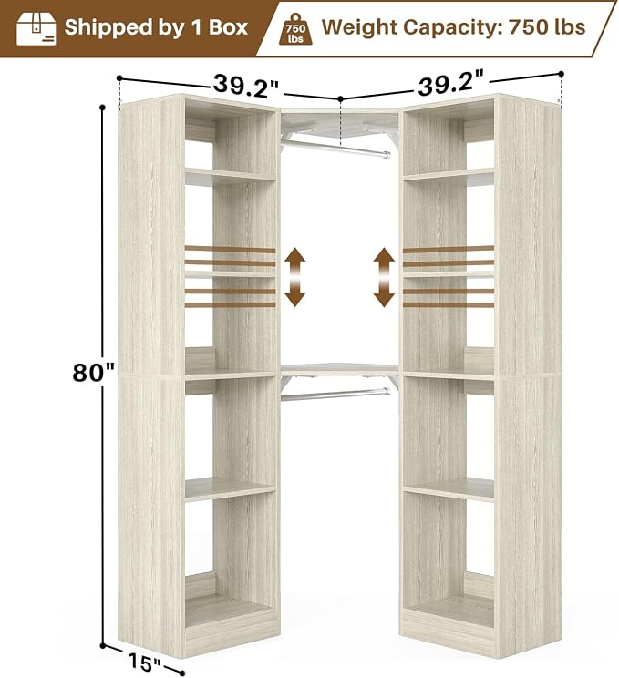 Besiost Corner Closet System with 12 Shelves, 39.2" Corner Organizer | L Shaped Closet with 2 Hanging Rods, Versatile 6-Tier Walk-in Closets for Corner Space, White Oak (39.2" L x 39.2" W x 80" H)