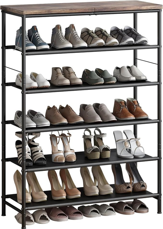 INGIORDAR 6 Tier Shoe Rack Storage Organizer Shelf Top with MDF Board | Space-Saving,with 3 Layer Fabric,stores 24+Pairs of Shoes for Closet,Entryway,Bedroom,Living Room Garage,Black+Rustic Brown