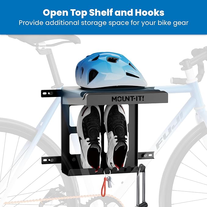 Mount-It! Bike Wall Mount Rack with Shelf and Hooks, Horizontal Indoor Bike Rack Garage Home, Space Saving Wall Mounted Hanger for a single Road, Mountain or other Bicycle with Extra Storage, Black