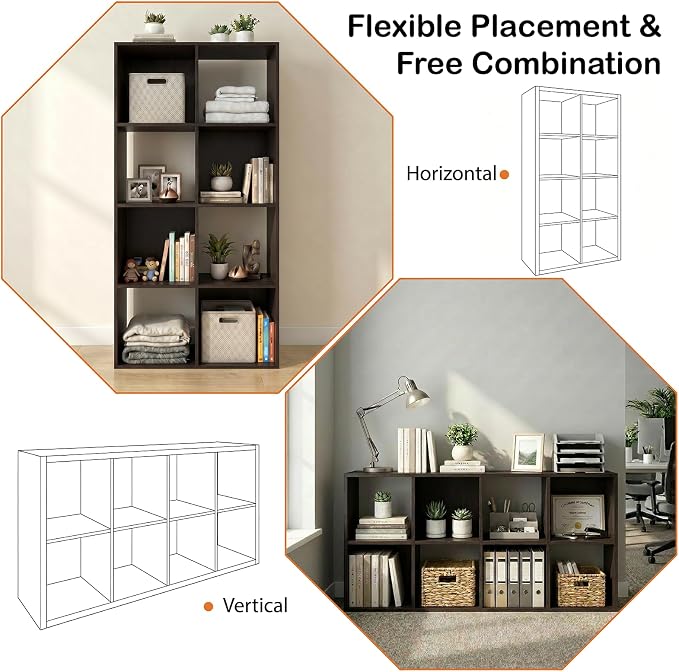 WannabeMyself【Sturdy Build&Easy Assembly】8 Cube Storage Organizer with Anti-Tipping Kits,Reversible Open Back Book Shelf, Bookcase for Living Room,Bedroom,Entrance Hall,Office,24.1×11.4×47.7,Chocolate