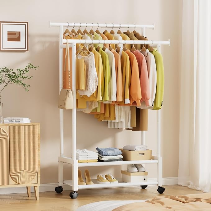 Double Rod Clothing Rack with 2 Shelves, Rolling, White | All tools included, metal frame, 4 casters with 2 locking, for bedroom, laundry, and entryway