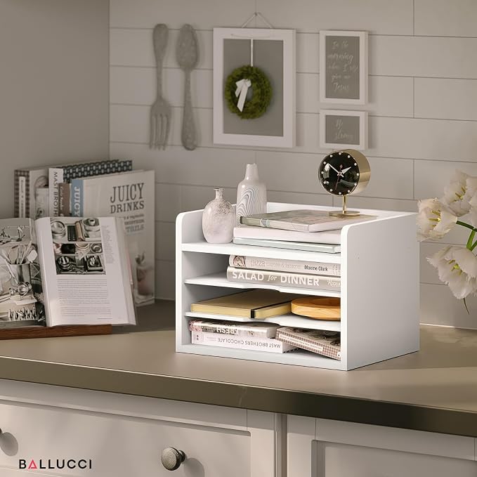 Ballucci File Organizer, 4-Tier Office Desk Organizer, Open Top Wood Paper Organizer for Classroom, Desktop Mail Sorter Paper Tray, White