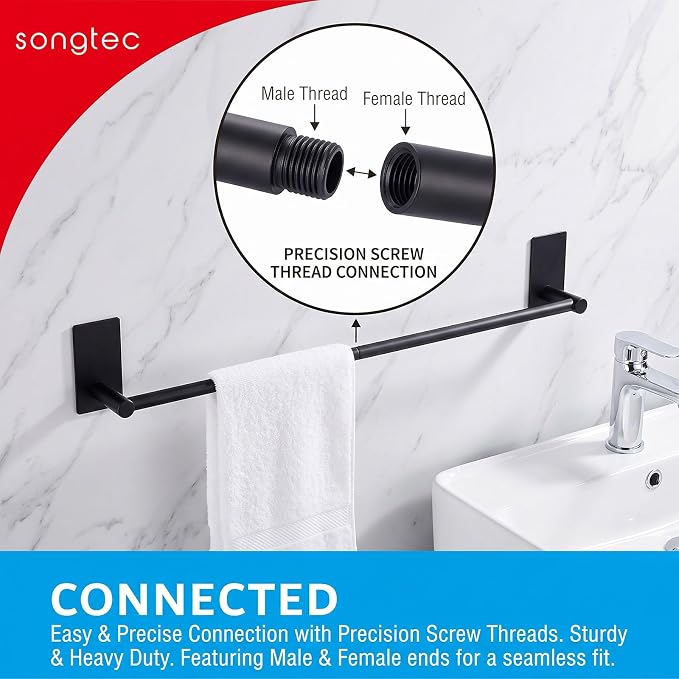 Adhesive Bath Towel Bar 24-inch Black, No Drill Stick On Towel Rack, Easy Install with Self-Adhesive, Premium SUS304 Stainless Steel (Black, 24)