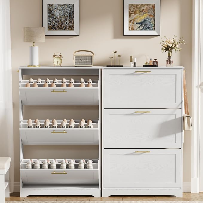 Modern Luxury Shoe Cabinet Organizer with 3 Flip Drawers,31.5" W，White | Freestanding shoe storage cabinet for entryway,foyer and hallway,space-saving flip drawers,Adjustable Shelves & 2 Hooks
