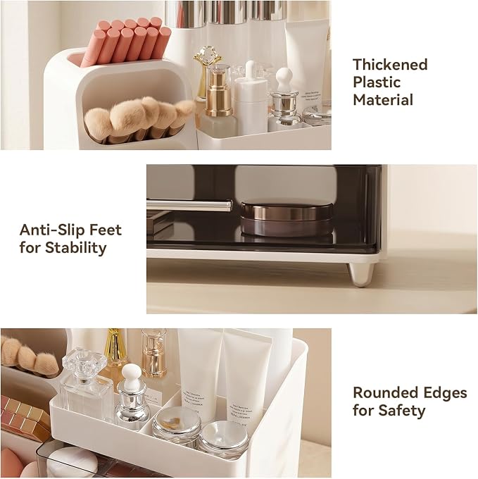 Makeup Organizer for Vanity with Brush Holder and 2 Drawers, White | Large-Capacity Makeup Holder Organizes Skincare, Cosmetics and Daily Beauty Products for Tidy Vanity and Bathroom Counters