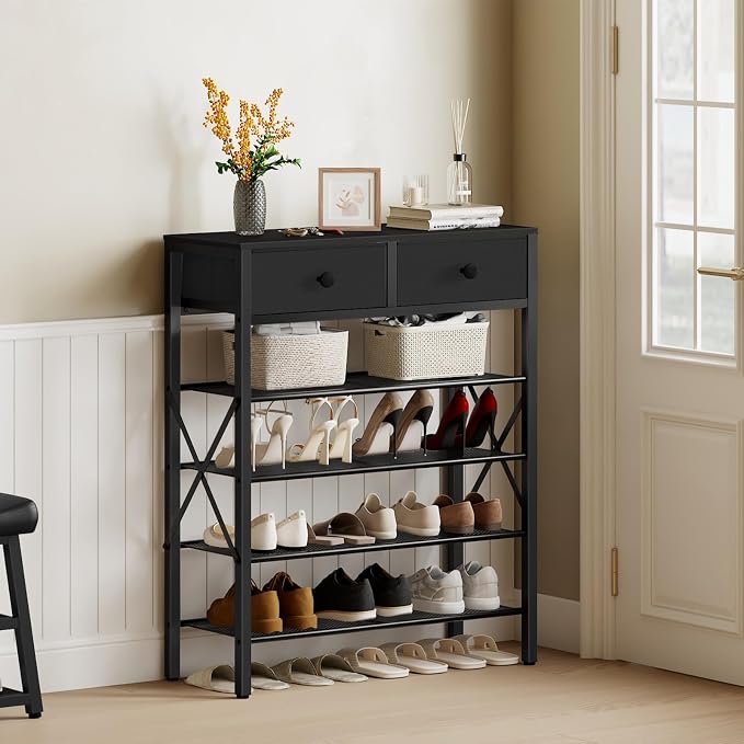 5 Tier Shoe Rack, Large Capacity Shoe Storage Organizer, Metal Shoe Shelf with Drawer and Wooden Top, for 20 Pairs of Shoes, for Entryway, Closet, Black SS25BB