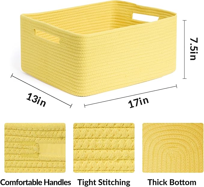 MiniArk Large Storage Baskets for Shelves, 17 x 13 x 7.5” Closet Organizers Bins for Clothes Blanket Towels, Baby Nursery, Toy Baskets Box, Woven Rope Baskets, 2 Packs Yellow