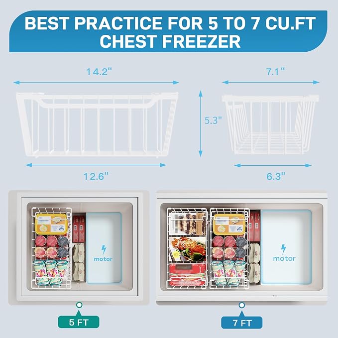 SUNALLY Freezer Organizer Bins, 4 Pack Stackable Pantry Storage Bins, White | Chest Freezer Organizer for 5-7 Cu.FT Deep Freezer to Sort Frozen Meats & Food, Wire Baskets for Pantry Organizers & Storage