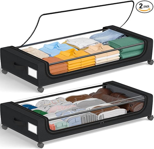 GoMaihe Under Bed Storage with Wheels 70L Black 2-Pack | Rolling Rangement Vetement sous le Lit - Containers for Clothes Shoes in Bedroom - Easy Pull-out