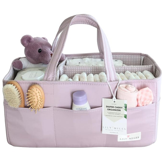 Baby Diaper Caddy Organizer, Wipeable Diaper Organizer Basket with 8 Pockets for Newborn Essentials, Baby Shower Gifts, Nursery Tote Bag for Changing Table or Car (Rosy Lilac, Large)