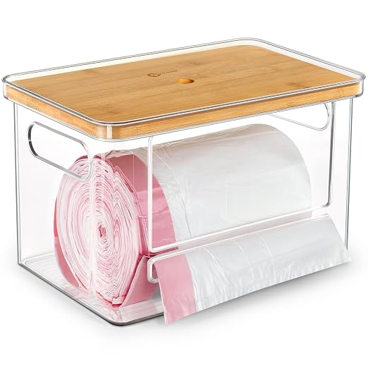 Stackable Trash Bag Dispenser with Wooden Top for Holding 13/30/33-Gallon Large Bag Sizes – Extra-Large Garbage Bag Holder with Anti-Slip Base, Trash Bag Dispenser Under Sink (11.5"x7.5"x7")