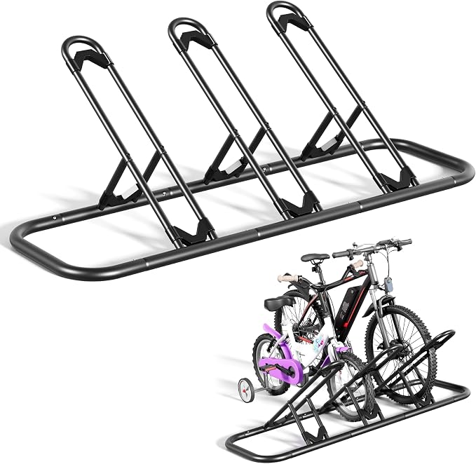 Mr IRONSTONE Bike Rack, Floor Storage Stand for Garage, Indoor/Outdoor Parking Holder, Fits Mountain, Road & Kids Cycles (Black, 3-Slot)