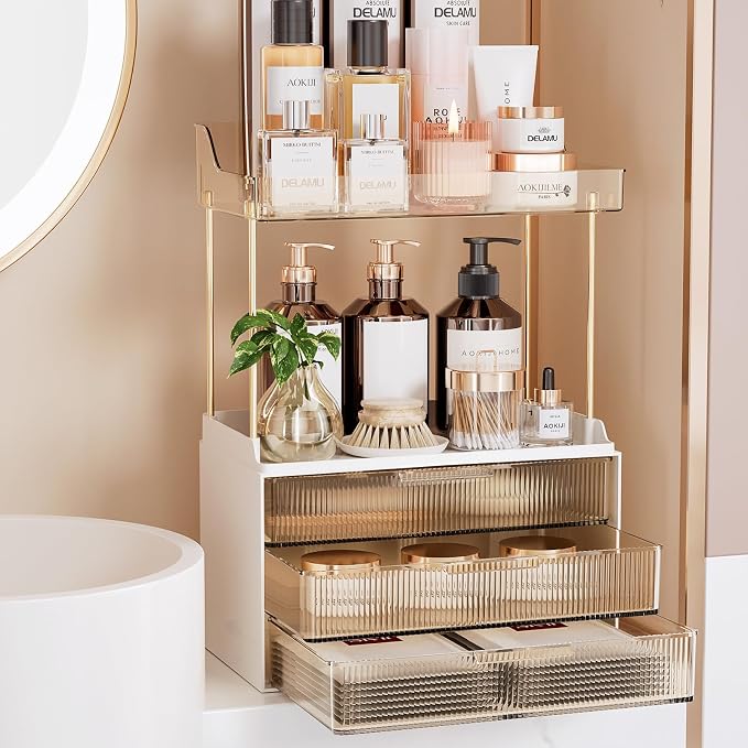 Delamu 5-Tier Makeup Organizer, Bathroom Counter Storage, 2 Drawers, Amber | Elegant Vanity Organizer Gift for Women, Holds Perfume, Skincare, Nail Polish & Hair Accessories for Bathroom Countertop