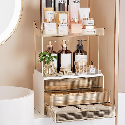 Delamu 5-Tier Makeup Organizer, Bathroom Counter Storage, 2 Drawers, Amber | Elegant Vanity Organizer Gift for Women, Holds Perfume, Skincare, Nail Polish & Hair Accessories for Bathroom Countertop