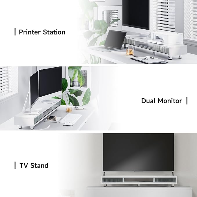 Fenge Dual Monitor Stand with Storage, Desk Shelf with Glass Sliding Door | Ergonomic Height Adjustment, 42.5in Monitor Shelf, 2-Tier Monitor Riser, Desk Organizer for Screen, PC, Laptop, White