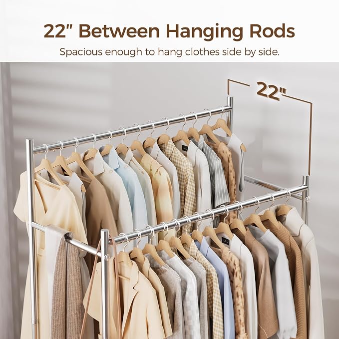 HYSEYY Clothes Rack,Double Rods Rolling Clothing Rack for Hanging Clothes load 400LBS,Portable Garment Coat Rack with Wheels Wardrobe Closet for Bedroom Laundry Room,Retail Store,Silver