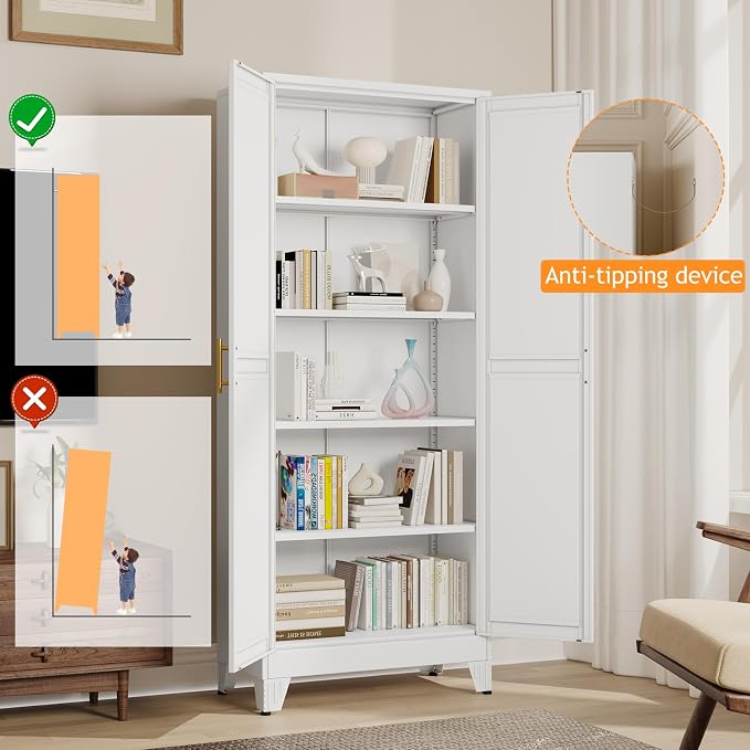 PAOFIN 71" Tall Metal Pantry Storage Cabinet with Doors and 4 Adjustable Shelves, White Kitchen Food Pantry Cabinets, Tall Freestanding Cupboard for Kitchen, Dining Room or Living Room