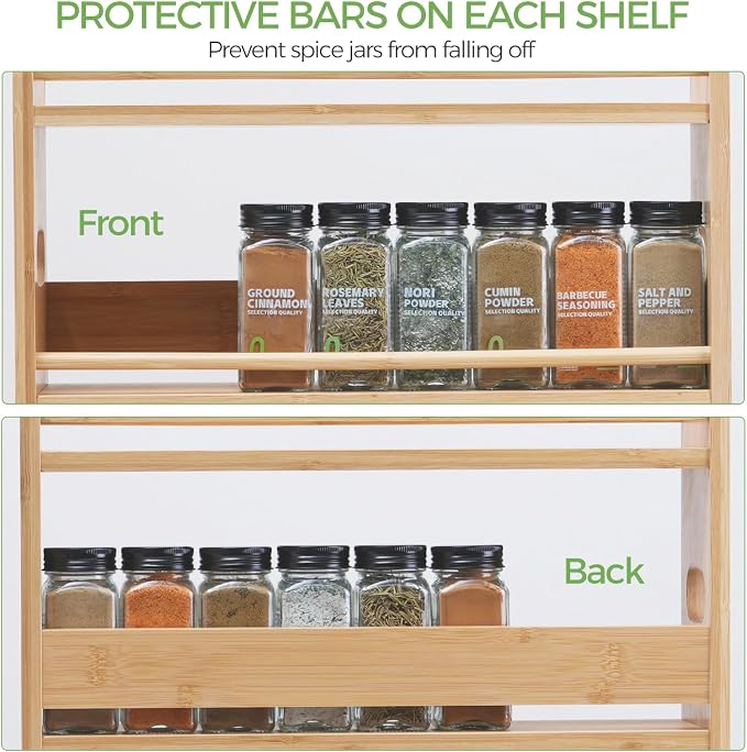 3 Tier Bamboo Spice Rack Organizer for Kitchen Countertop or Wall Mounting | Holds 48pcs 4oz Spice Jars, Handles for Easy Lifting, FSC-certified Bamboo