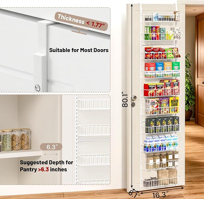 ElegantArray 10-Tier Pantry Door Organizer, White | Over The Door Pantry Organizer Rack and Storage, Hanging Spice Rack Shelves Door, Home Office Laundry Room Bathroom & Kitchen