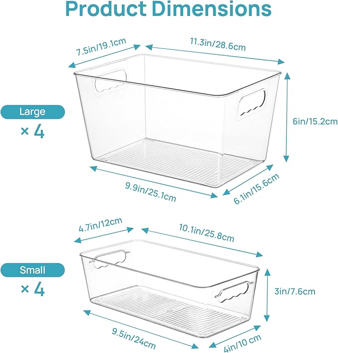 Vtopmart 8 Pack Clear Storage Bins Set for Pantry Organizer | 4 Large and 4 Small Plastic Pantry Storage Bins with Handle, Storage Containers for Pantry, Kitchen, Fridge, Cabinet