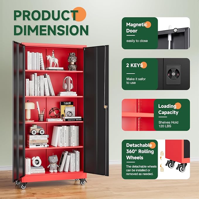 Letaya Metal Garage Storage Cabinets with Lock Door and Adjustable Shelves, Steel Tool Cabinets for Home,Office,Warehouse Organisieren (Black Red, 75" H)