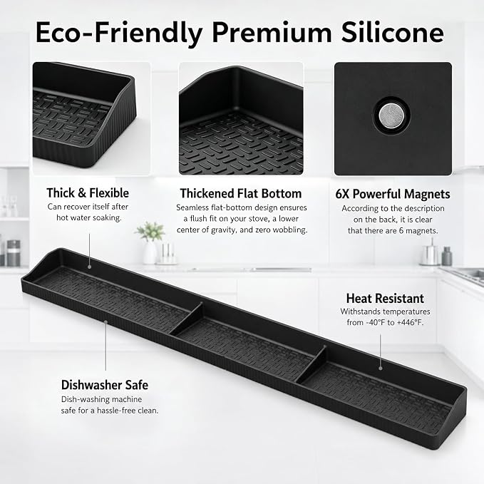 30" Magnetic Stove Top Shelf, Silicone Over the Stove Spice Rack Organizer | Heat Resistant Silicone, Anti-Rattle No-Scratch Range Shelf, 3 Functional Partitions Kitchen Storage for Spices