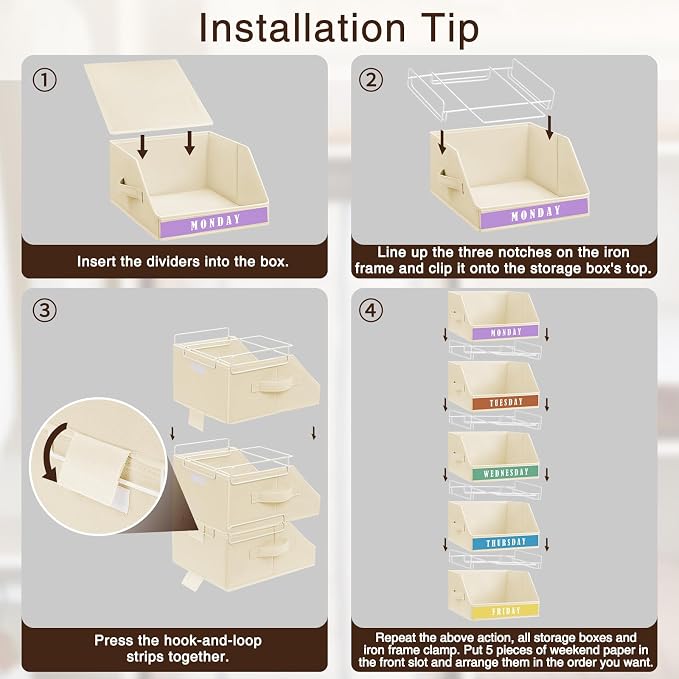 Closet Organizers and Storage - 5 Tier Shelf Organizer with Weekly Labels, Stackable Storage Bins with Metal Frame, Foldable Cube Bins, Home Baskets for Kids and Adults, Beige
