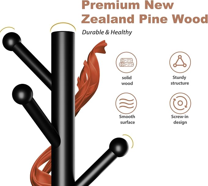 8-Hook Freestanding Coat Rack 3 Heights Safe Round Tips Black | Smooth Round Tips Prevent Slipping,Tool-Free Assembly,Holds Clothes Hats Handbags,Ideal for Entryway Bedroom Hallway Office