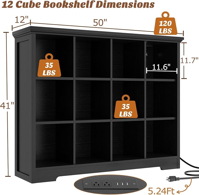 Aheaplus Wooden 12-Cube Storage Organizer with Charging Ports, Modern Cube Bookcase with Base, 4-Tier Floor Standing Open Cubbies Bookshelf, Cubicle Display Shelf for Home and Office, Black