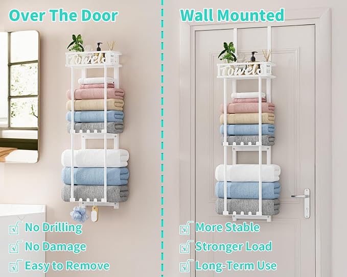 HapiRm Towel Rack Bathroom Storage - 3 Tier Over The Door & Wall Mounted Rolled Towel Racks Holder Organizer with Metal Shelf and 6 Hooks for Small Bathroom, Camper, Rv - White