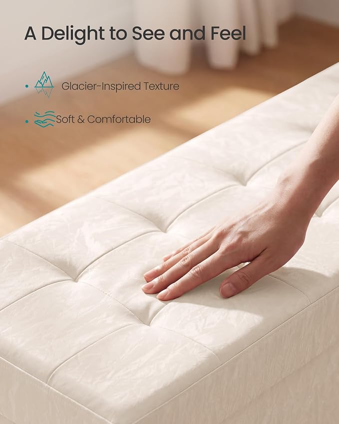 SONGMICS Storage Ottoman Bench, PU Leather Foldable Footrest with Padded Seat, 43.3 x 15 x 15.7 inches, Light Warm White, Sturdy Space Saving Chest for Bedroom, Minota Collection ULSF524WD01