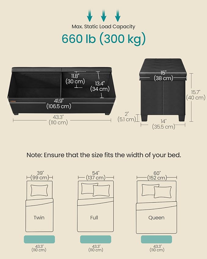 SONGMICS Storage Ottoman Bench with Legs, Folding Ottoman Foot Rest with Flipping Lid, Bench with Storage, for Living Room, Bedroom, Entryway, Linen-Look Fabric, 43.3 Inches, Ink Black ULSF079BH01