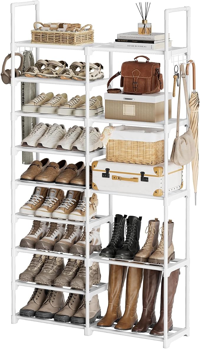 WOWLIVE 9 Tier 2-Column Shoe Rack, 30-35 Pairs Stackable White | Compact 33.75in long fits narrow spaces. Removable layers for boots/heels. Split design for flexible layout.