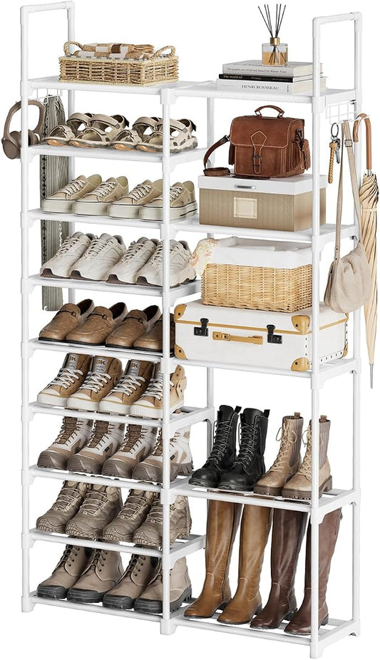 WOWLIVE 9 Tier 2-Column Shoe Rack, 30-35 Pairs Stackable White | Compact 33.75in long fits narrow spaces. Removable layers for boots/heels. Split design for flexible layout.