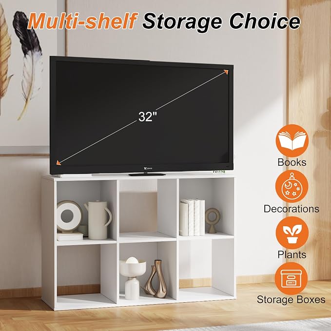 Sweetcrispy 6 Cube Storage Organizer, Stackable Modular Bookcase Shelf | Vertical or Horizontal Use, Fits 11×11" Bins, Removable Back Panels, for Living Room, Office, Entrance White Wood