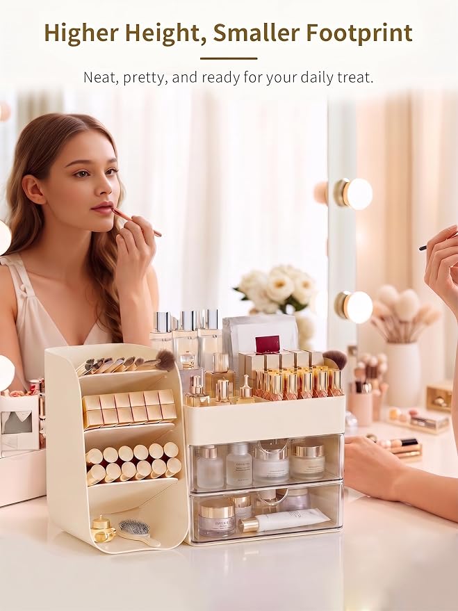 Booklov Small Makeup Organizer for Vanity Countertop, Cream | Clear Acrylic Cosmetic Display Case, Beauty Brush Holder for Bathroom Counter, Make Up Skincare Lipsticks Storage