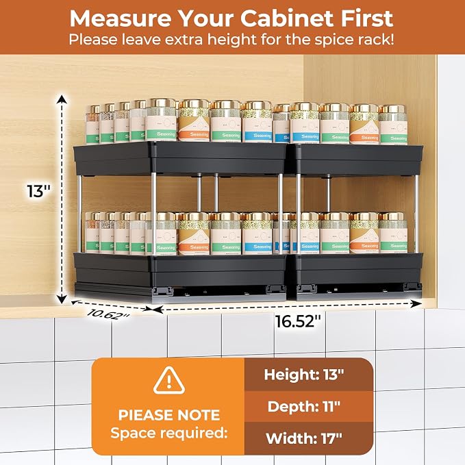 Mystozer Pull Out Spice Rack Organizer for Cabinet, Slide Out Spice Racks Organizer, Easy to Install Spice Cabinet Organizers, 8.26''Wx10.62''Dx8.66''H, 2 Packs-2 Tiers (Black)
