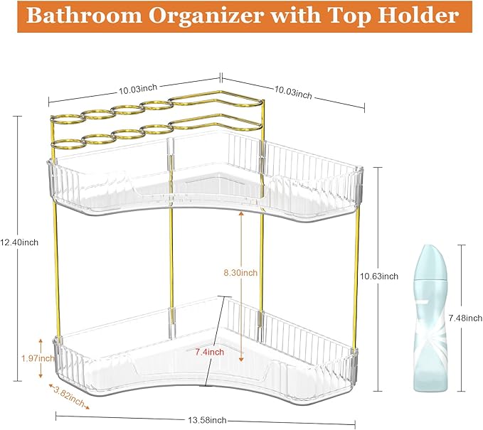 Webetop Corner Makeup Organizer 2 Tier Bathroom Storage with Brush Holder | Space-saving Corner Fit, Clear Acrylic Construction, Detachable Brush Slots, Non-Slip Base, Easy-access Tiered Design