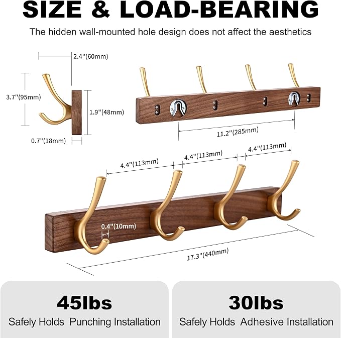 2 Pack 17.3" Small Walnut Wood Coat Rack Wall Mount with 4 Hooks, Heavy Duty Wooden Jacket Hanger Door Mounted for Decorative Entryway Bathroom Hanging Towel Backpack Purse Hat Key Satin Gold