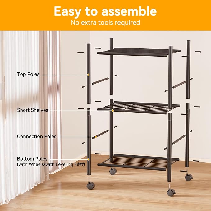 BolDuck 3 Tier Shelf Organizer Rack, Metal Shelving Unit with Wheels/Leveling Feet, Space-Saving Storage Shelves for Closet Laundry Bathroom Kitchen Pantry, 18.11" Wx12.6 Dx31.5 H